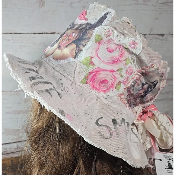 OOAK Upcycled Indie Boho Top Hat Sassy Cherub Graffiti Flower Cat Adjusts L-S main image 12
